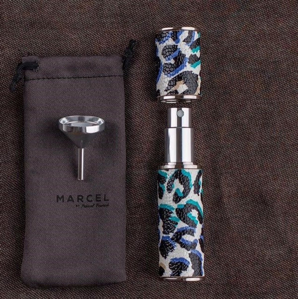 TRAVEL/PURSE PERFUME ATOMIZER: LEATHERR, WHITE WITH LEOPARD COLORED PATTERN