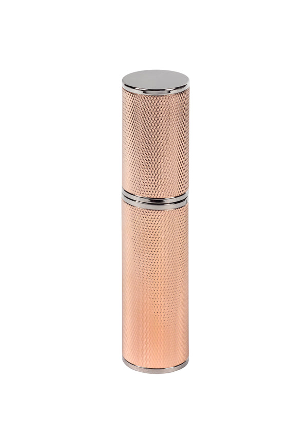 TRAVEL/PURSE PERFUME ATOMIZER: GUILLOCHE, ROSE GOLD PLATED, BARLEY GRAIN DESIGN