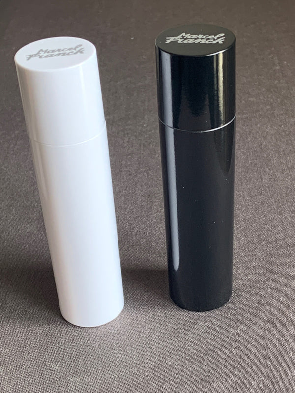 TRAVEL/PURSE PERFUME ATOMIZER: EXCHANGEABLE VIAL, CELLULOSE, BLACK AND WHITE