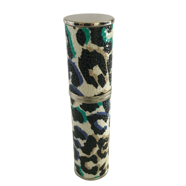 TRAVEL/PURSE PERFUME ATOMIZER: LEATHERR, WHITE WITH LEOPARD COLORED PATTERN