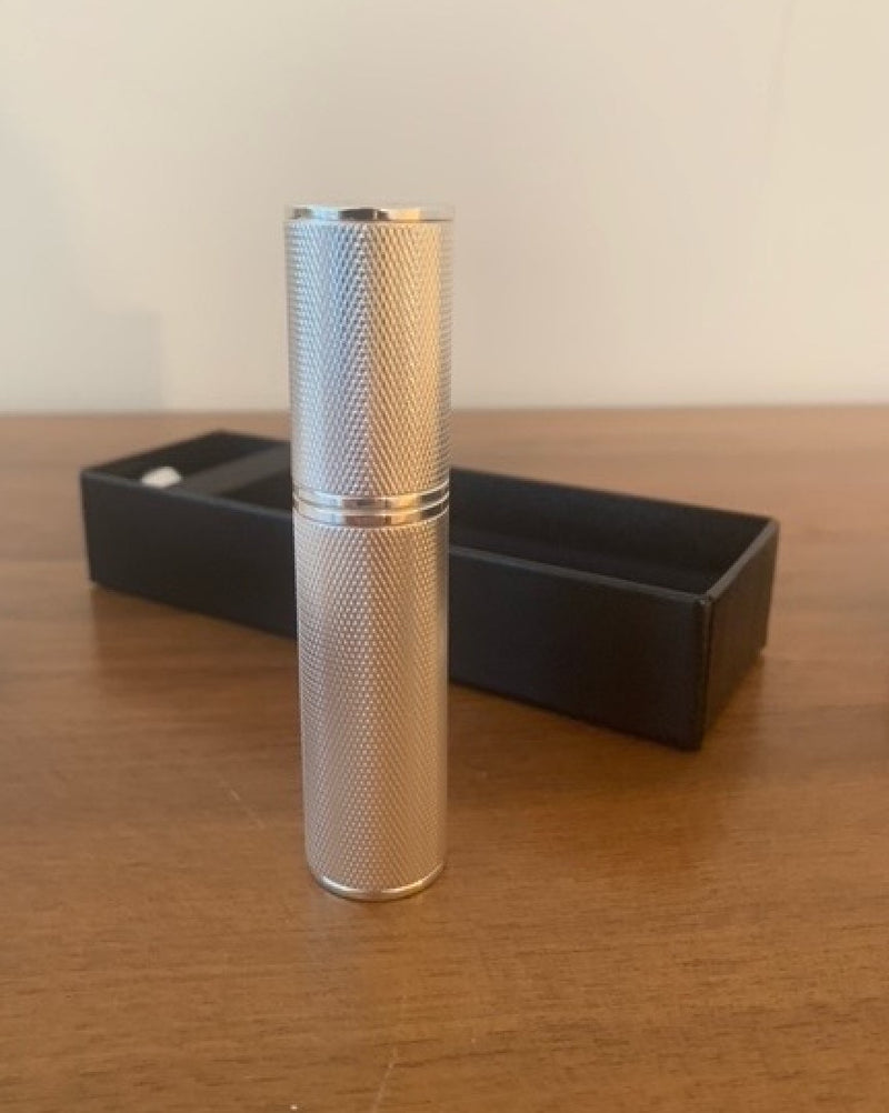 TRAVEL/PURSE PERFUME ATOMIZER: GUILLOCHE, SILVER PLATED, BARLEY GRAIN DESIGN