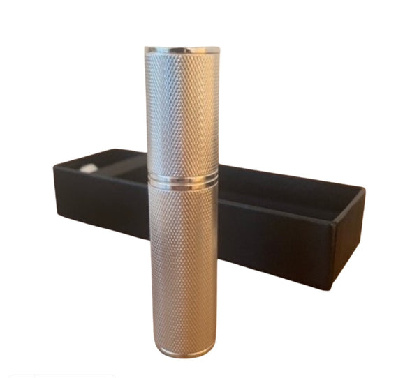 TRAVEL/PURSE PERFUME ATOMIZER: GUILLOCHE, SILVER PLATED, BARLEY GRAIN DESIGN