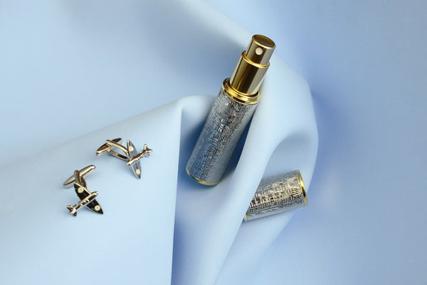 TRAVEL/PURSE PERFUME ATOMIZER: GUILLOCHE, PALLADIUM PLATED, LINEN CANVAS DESIGN