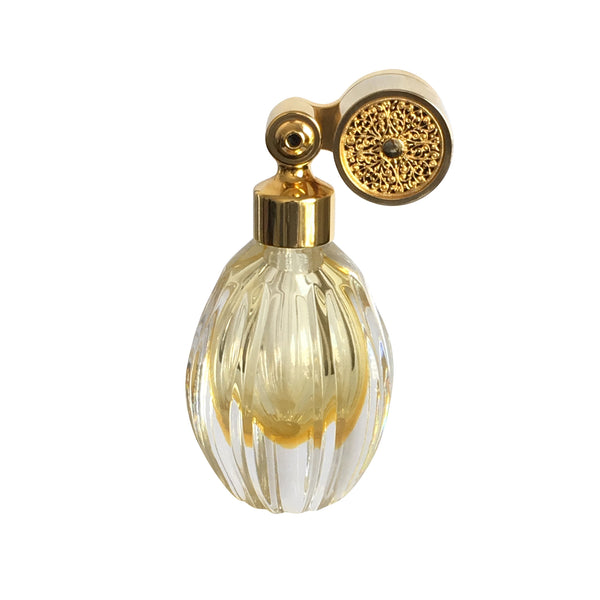 HOME COLLECTION CRYSTAL: GOLD PLATED ESCALE MOUNT, OVAL SHAPE WITH STRAIGHT GROOVES, CLEAR AND AMBER CRYSTAL FLACON