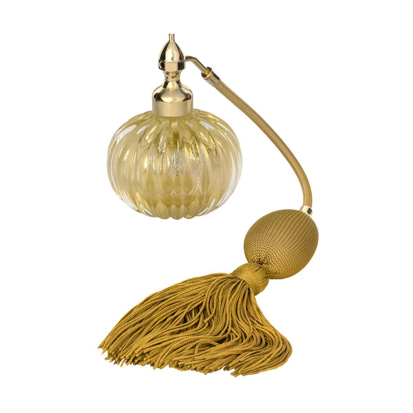 HOME COLLECTION: MURANO GLASS, GOLD PLATED FIZZ BALL MOUNT, CLEAR WITH INSERTED GOLD LEAFS, ONION SHAPE