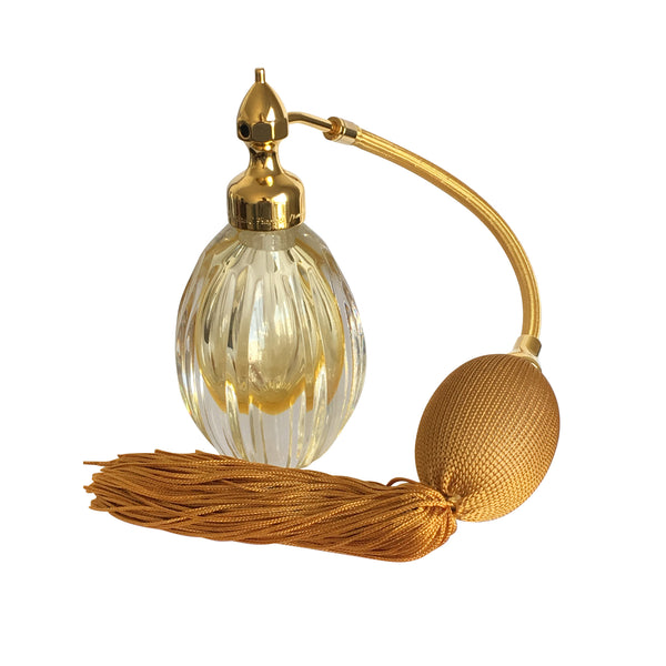 HOME COLLECTION CRYSTAL: GOLD PLATED FIZZ BALL MOUNT, OVAL SHAPE WITH STRAIGHT GROOVES, CLEAR AND AMBERCRYSTAL FLACON
